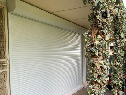 Window with Brown Metal Rolling Shutters